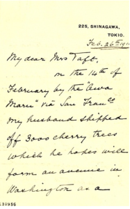 Theodora Ozaki's Letter to HelenTaft regarding the gift of 3,020 cherry tree given as a gift of friendship