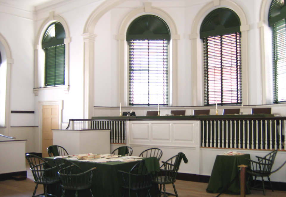 Photo of room in Independence Hall where the Declaration of Independence was signed and the U.S. Constitution was formed.